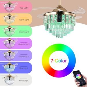 42" Gold Crystal Retractable Ceiling Fan with Lights and Remote,Music Chandelier with Fan 7-Color and 6-Speed, Bluetooth Fan Light with Speaker Silent Motor for Bedroom Living Room - Image 4