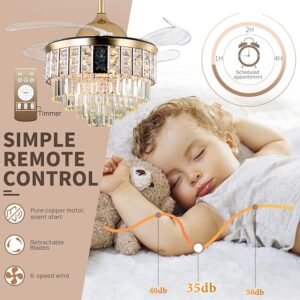 42" Gold Crystal Retractable Ceiling Fan with Lights and Remote,Music Chandelier with Fan 7-Color and 6-Speed, Bluetooth Fan Light with Speaker Silent Motor for Bedroom Living Room - Image 3