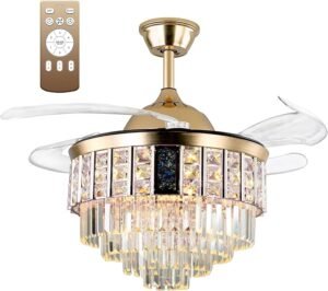 42" Gold Crystal Retractable Ceiling Fan with Lights and Remote,Music Chandelier with Fan 7-Color and 6-Speed, Bluetooth Fan Light with Speaker Silent Motor for Bedroom Living Room