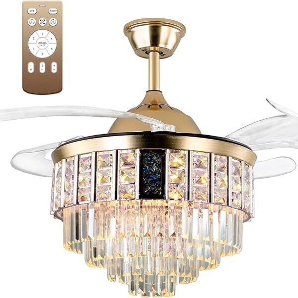 42" Gold Crystal Retractable Ceiling Fan with Lights and Remote,Music Chandelier with Fan 7-Color and 6-Speed, Bluetooth Fan Light with Speaker Silent Motor for Bedroom Living Room