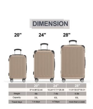 Sunbee 3 Piece Luggage Sets Hardshell Lightweight Suitcase with TSA Lock Spinner Wheels, Champagne - Image 4