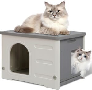 Plastic Cat House for Outdoor Indoor, Waterproof Outdoor Cat House with Escape Door for Feral Cats Outside Cat Shelter for Small Pet, Spacious, Assemble Easily -Grey