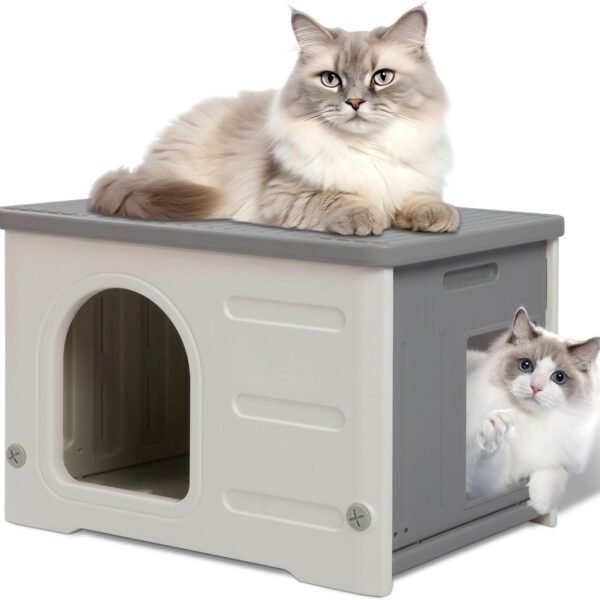 Plastic Cat House for Outdoor Indoor, Waterproof Outdoor Cat House with Escape Door for Feral Cats Outside Cat Shelter for Small Pet, Spacious, Assemble Easily -Grey