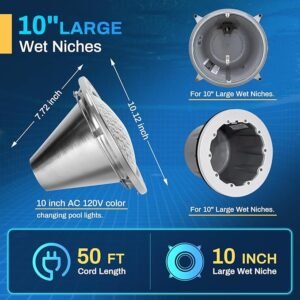 Pomeade SH101300 10inch Led Pool Lights for Inground Pools, 50FT LED Pool Light for 10 inch Wet Niche, Underwater Swimming Pool Light for Inground Pools, Input AC120V, RGB, Remote Control. - Image 2