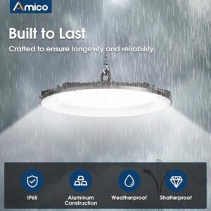 Amico 1 Pack 200W LED High Bay Light, 25,000LM, 5000K Daylight Super Bright UFO High Bay Lights with Power Cord Included, IP65 Commercial Shop Lights for Warehouse Garage Fixture, UL & FCC - Image 3
