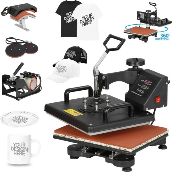 5 in 1 Pro Heat Press Machine 12x15 Digital Heat Transfer Sublimation Swing-Away for Hat Mug Plate Cap T-Shirt 360-degree Rotation Multifunction Combo Kit Black 110V