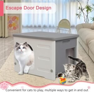 Plastic Cat House for Outdoor Indoor, Waterproof Outdoor Cat House with Escape Door for Feral Cats Outside Cat Shelter for Small Pet, Spacious, Assemble Easily -Grey - Image 2