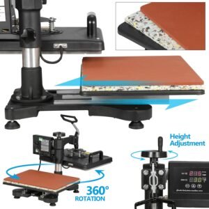 5 in 1 Pro Heat Press Machine 12x15 Digital Heat Transfer Sublimation Swing-Away for Hat Mug Plate Cap T-Shirt 360-degree Rotation Multifunction Combo Kit Black 110V - Image 2