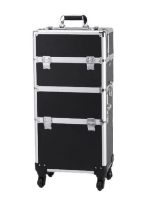 14" x 9.5" x 28" Makeup Case, Portable Rolling Travel Makeup Case with 360-degreed Swivel Wheels, Aluminum Cosmetic Organizer Makeup Case For Beauty Chains W/shoulder Straps & Lockable Keys - Image 3