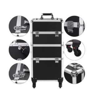14" x 9.5" x 28" Makeup Case, Portable Rolling Travel Makeup Case with 360-degreed Swivel Wheels, Aluminum Cosmetic Organizer Makeup Case For Beauty Chains W/shoulder Straps & Lockable Keys - Image 4