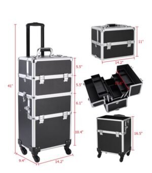 14" x 9.5" x 28" Makeup Case, Portable Rolling Travel Makeup Case with 360-degreed Swivel Wheels, Aluminum Cosmetic Organizer Makeup Case For Beauty Chains W/shoulder Straps & Lockable Keys - Image 2