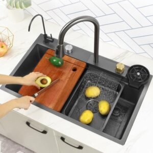 Black Waterfall Kitchen Sink, Drop in Single Bowl Stainless Steel Bar Sink with Cup Washer Sinks, Topmount Workstation Kitchen Sink with Accessories (Size : 33.5 x 17.7in) - Image 3